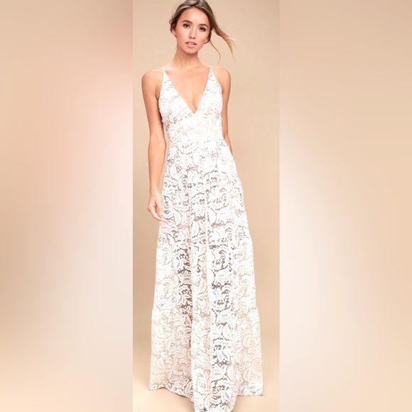 Lulus Flynn Antique White Over Nude Embroidered Lace Wedding Dress w Mini Train - Picture 15 of 15